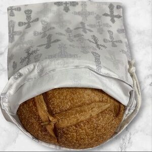Gray & White Cross Print Reusable Cotton Bread Bag | Farmhouse Kitchen Storage